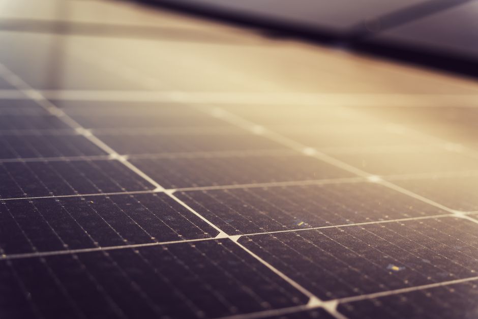 Close up view of high efficiency solar panels on a residential roof